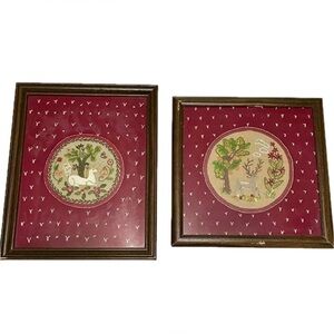 Vintage Framed Needlepoint Deer & Unicorn Set of 2 Wall Art Hanging Home Decor